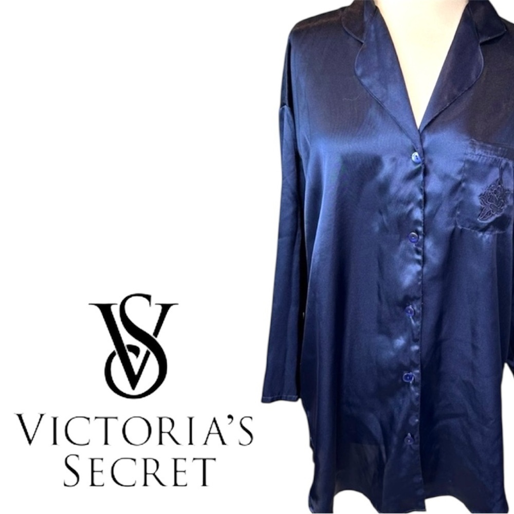Vintage Victoria’s Secret Navy Satin PJ Nightshirt Long Sleeve Chest Pocket